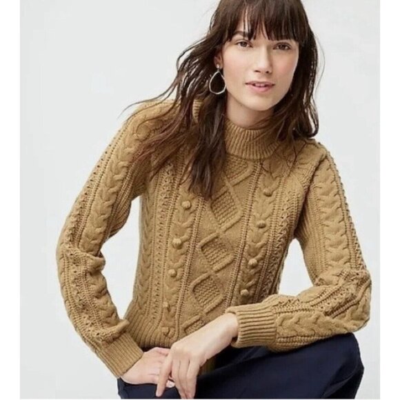 J.Crew Wool Blend Azra Pom Pom Cable Knit Mock Neck Sweater Size Small Tan - Picture 2 of 16